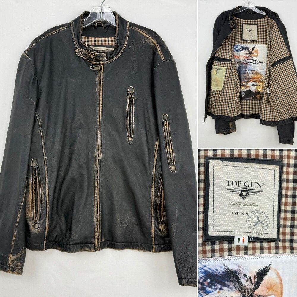 Top Gun Leather Jacket Mens XXL Distressed Moto Aviator Vintage Aviation - Picture 3 of 16
